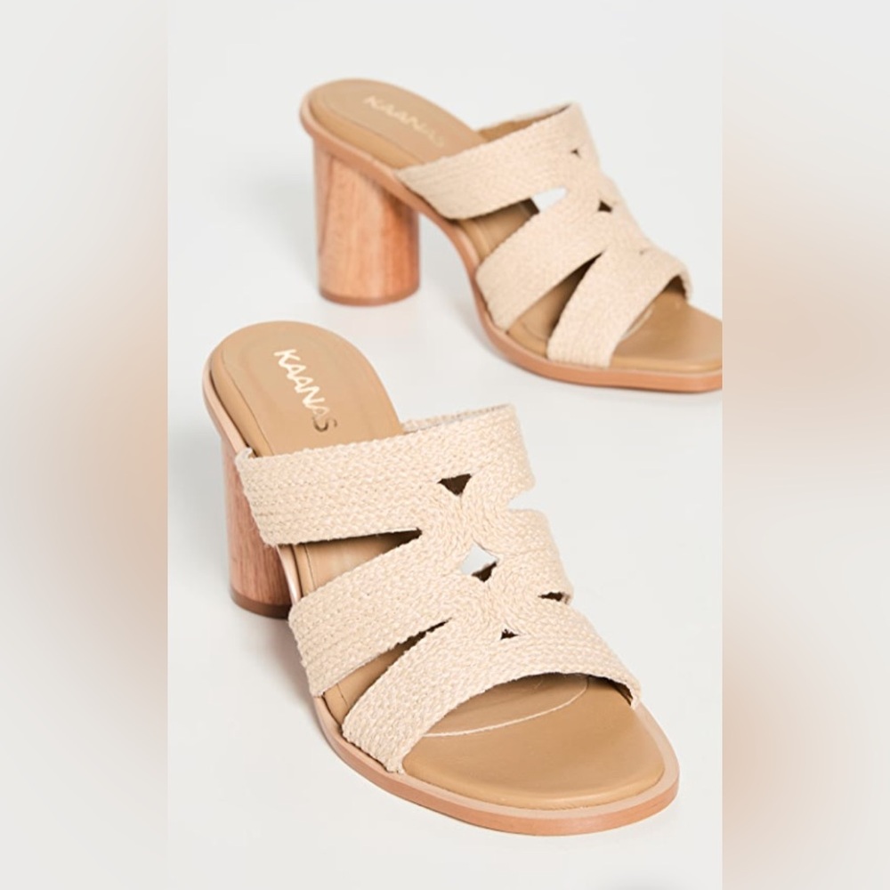 KAANAS Beige Woven Raffia Neiva Cylindrical Wooden Heel Sz 8 NEW